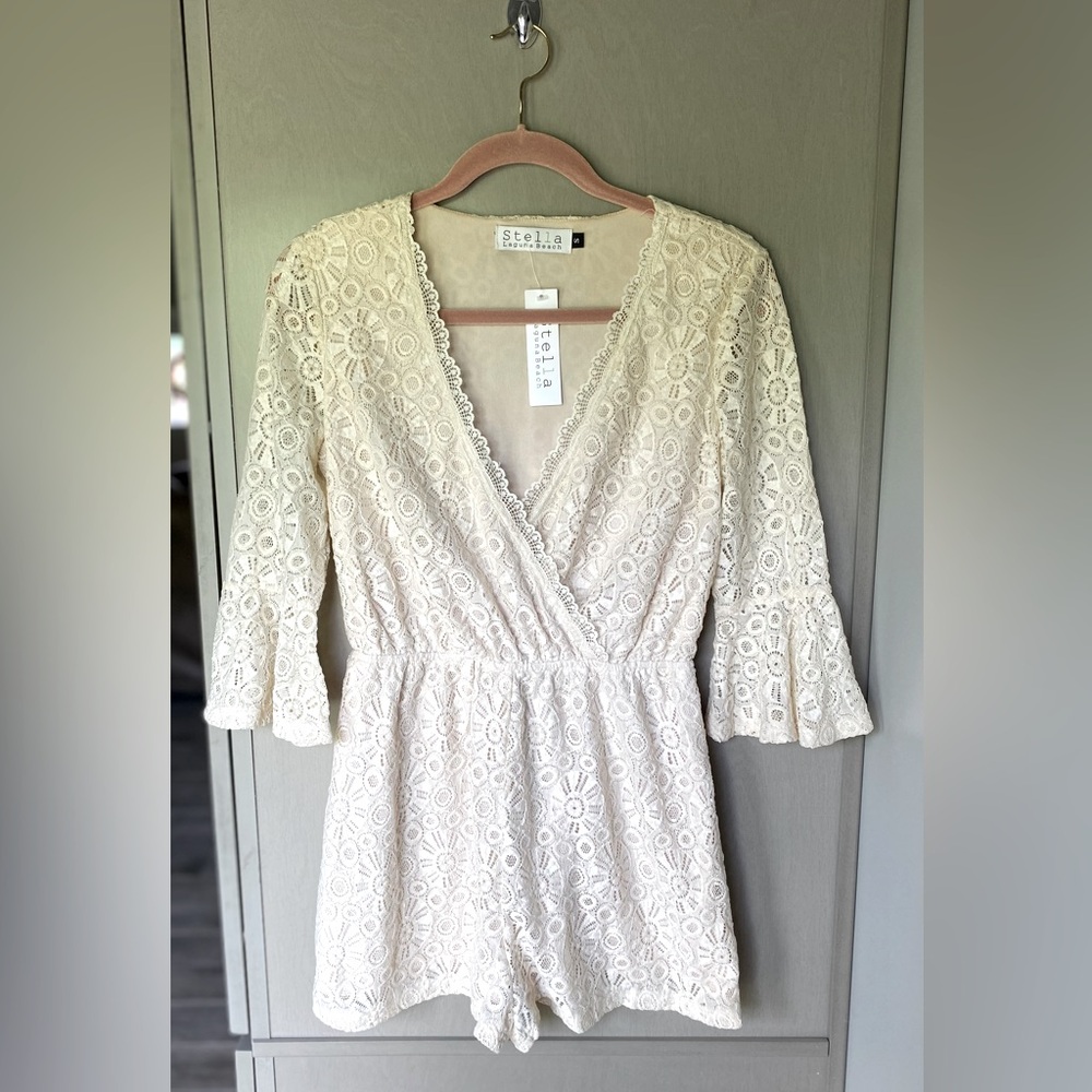 Stella Laguna Beach Cream Lace Romper with Bell Sleeves